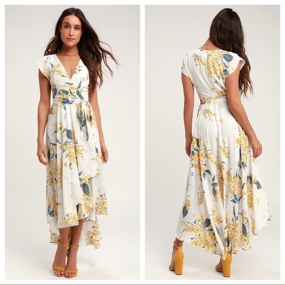 EUC Lulus French Countryside White and Yellow Floral Print High-Low Dress